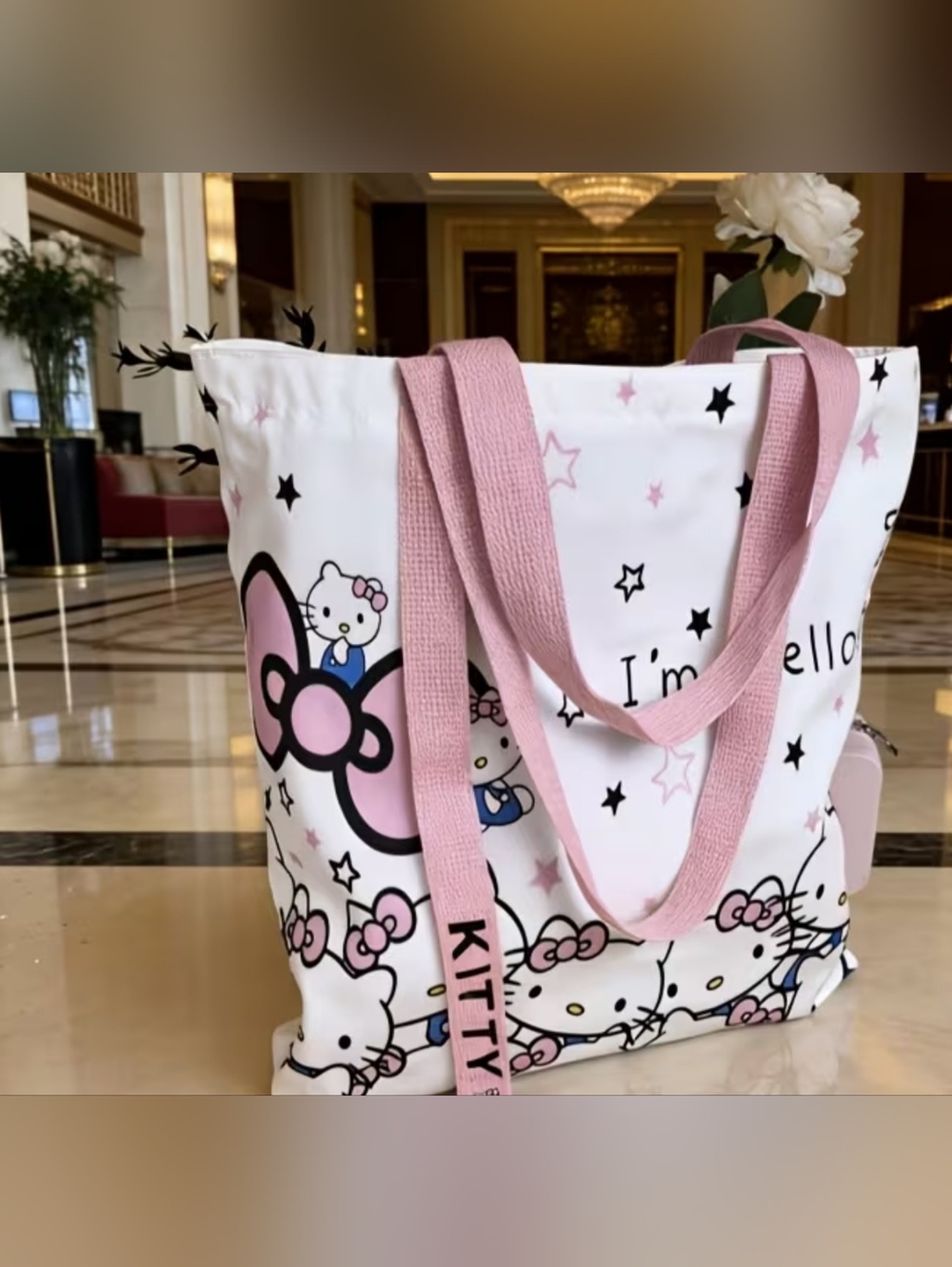 "I'm Hello Kitty" White And Pink Tote Bag with Pink Straps and Bow Print NWOT